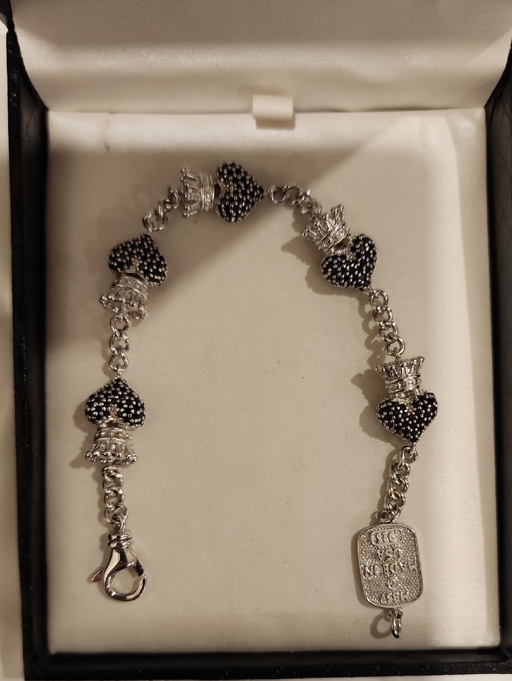 King Baby Studio Silver-Tone Bracelet with Black Crystal Heart Charms